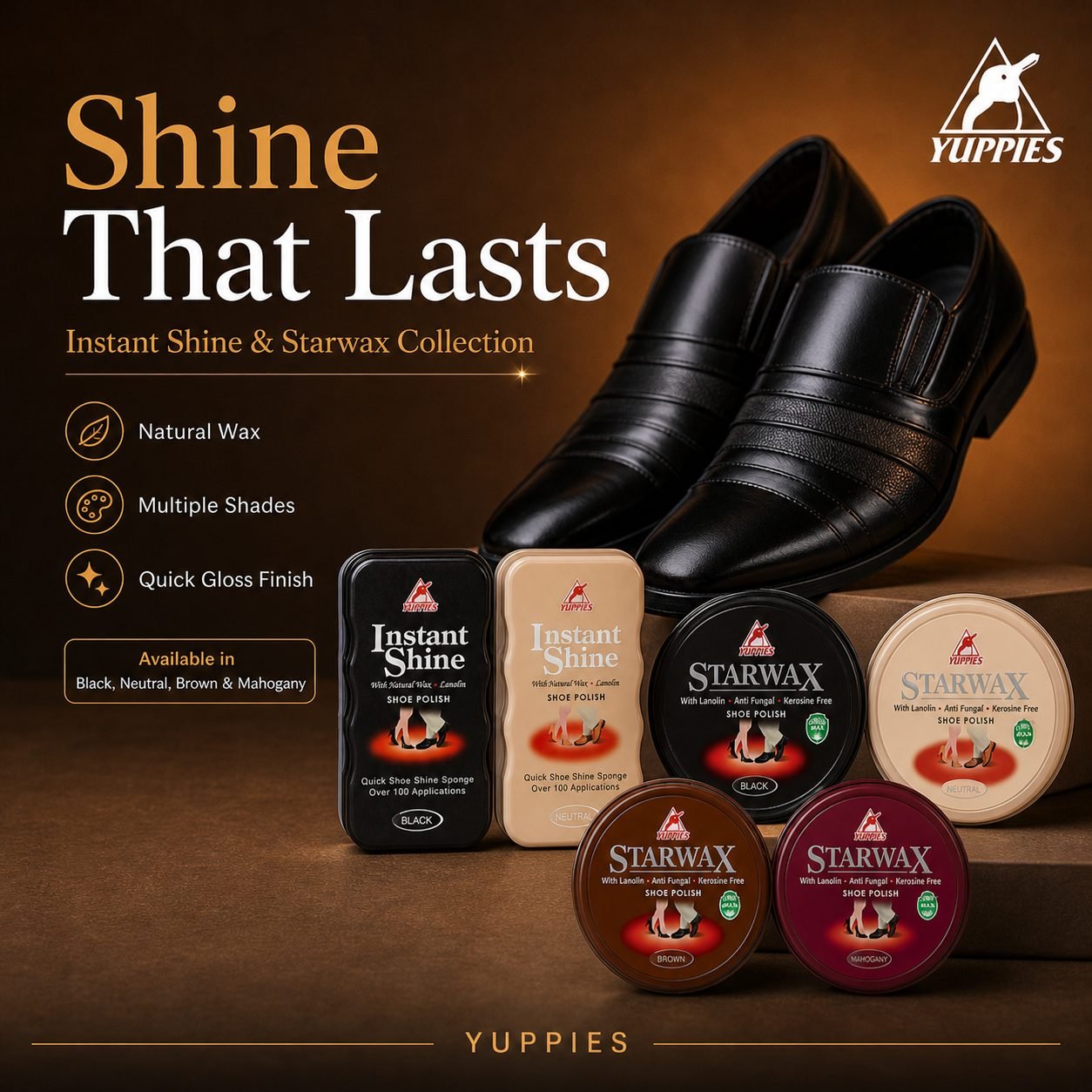 Shine that lasts — Yuppies Instant Shine and Star Wax shoe polish on leather shoes Pakistan